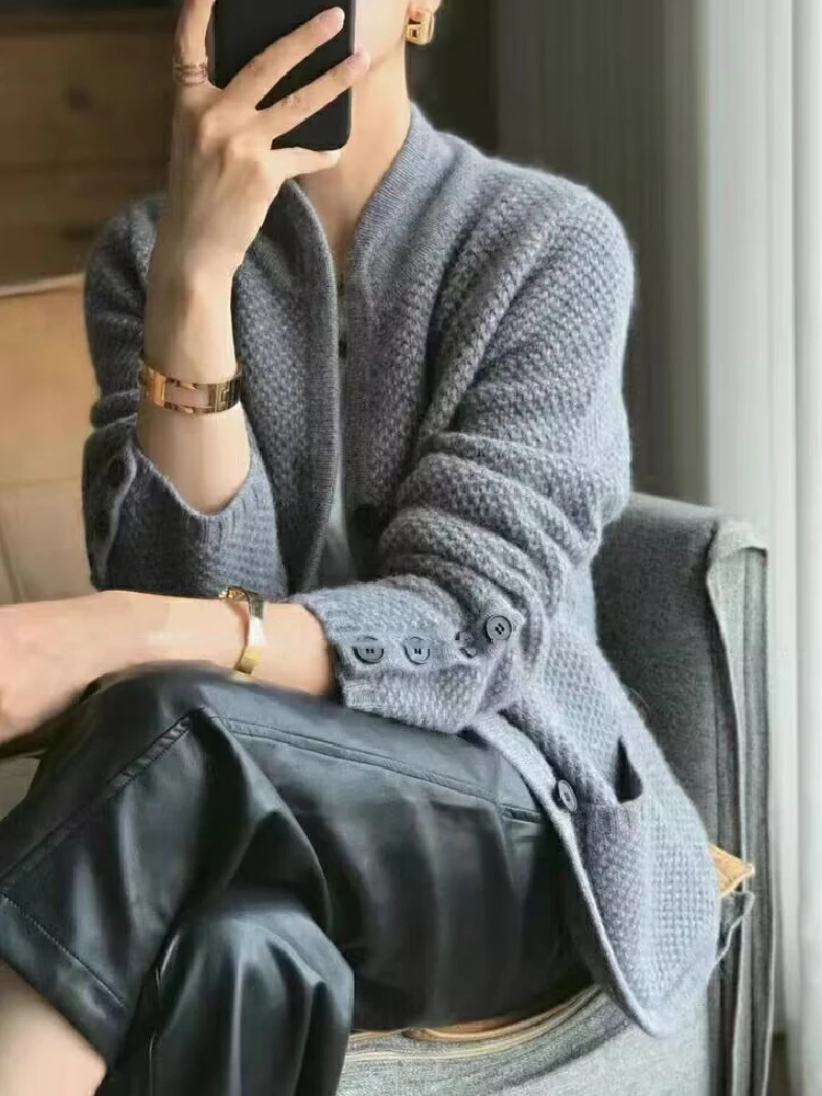 사무실 니트 두꺼운 가디건, 스탠드업 칼라 스웨터, 루즈한 코트, 우아한 캐주얼, 시크한 여성용 버튼 포켓 재킷 상의, 겨울