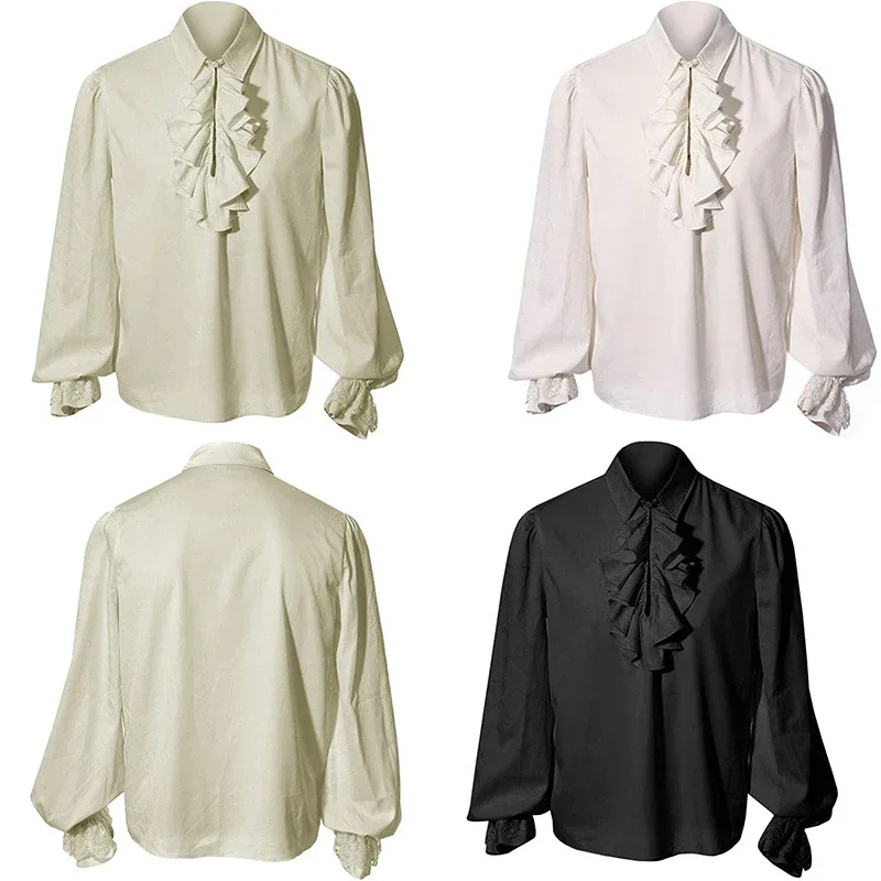 

Retro Renaissance Victorian Steampunk Ruffled Medieval Halloween Costume Vintage Lapel Men's Solid Long Sleeve Pirate Shirt Top