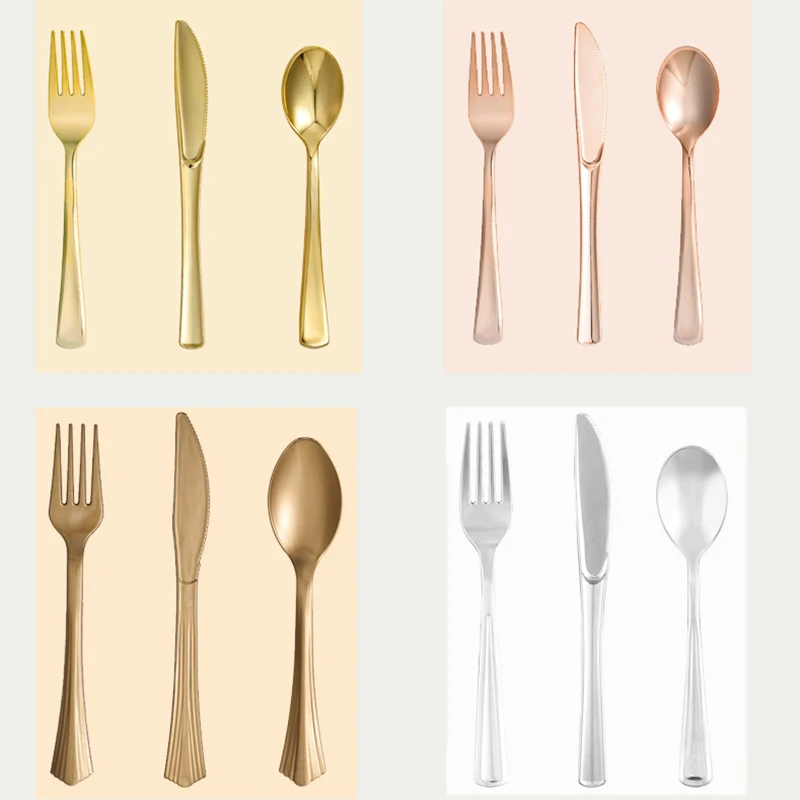 Description Picture 3 of item10pcs Electroplated Gold Plastic Knife Fork Spoon Birthday Party Disposable Knife Fork Spoon Tableware