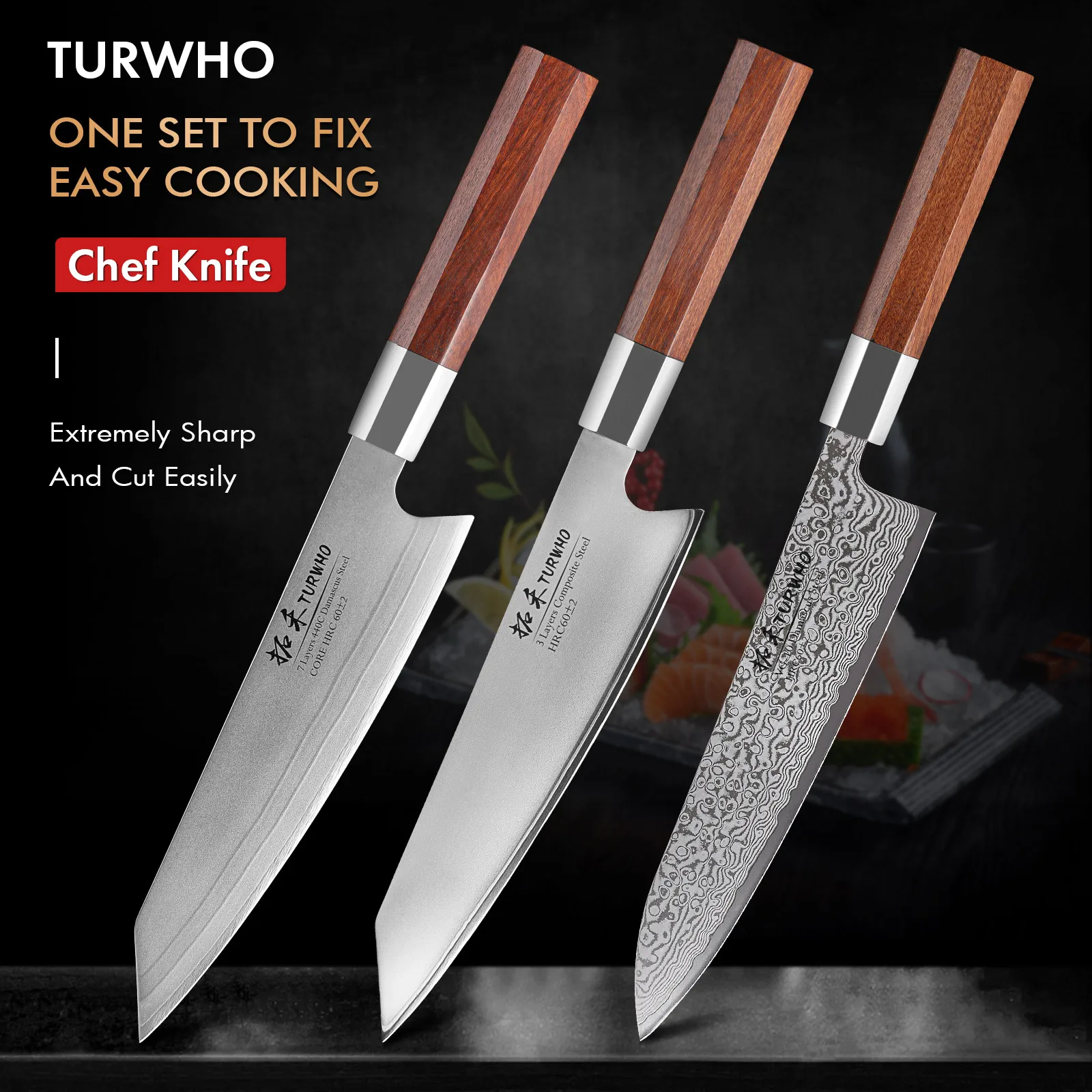 

TURWHO 8 Inch Japanese Chef Knife 7 Layer 440C Damascus Steel Kitchen Knives Hand Forged Kiritsuke Knife Kitchen Accessories