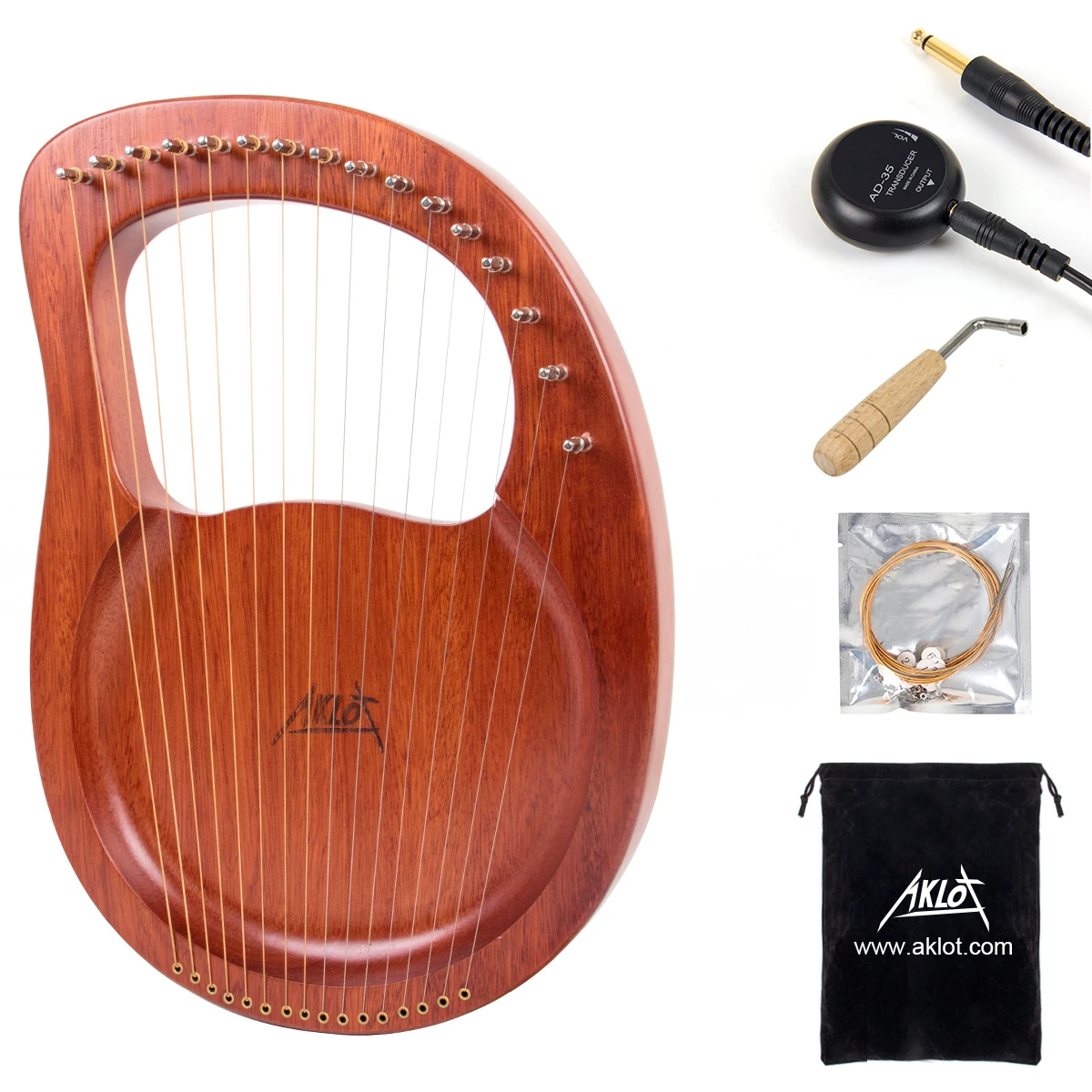 Aklot Lyre Harp 16 String Solid Mahogany Wood With Pickup Tuning Hammer