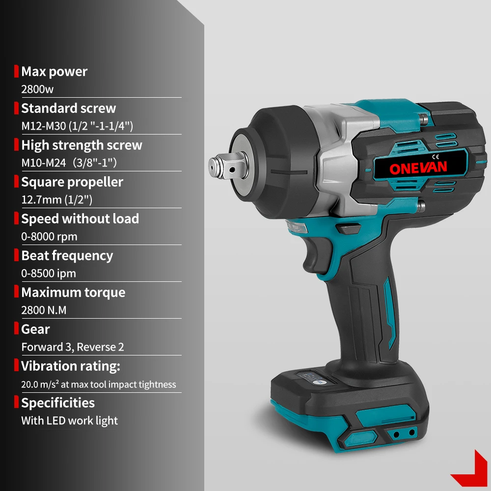ONEVAN 1/2" Brushless Electric Impact Wrench 2800N.M Torque Removal Screw Nut Screwdriver Home Power Tool for Makita 18V Batte 2