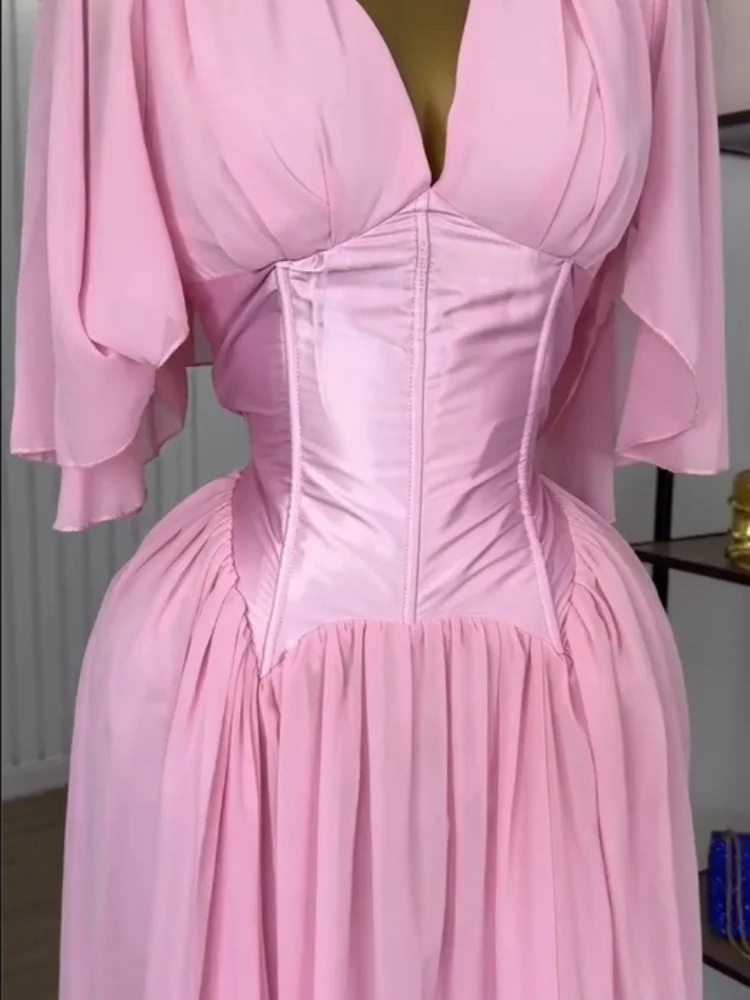 Wmstar Dress Women Wholesale Stock 2025 Cross Border Clothing Pink Chiffon Summer Short Sleeved Elegant V Neck Cinched Waist