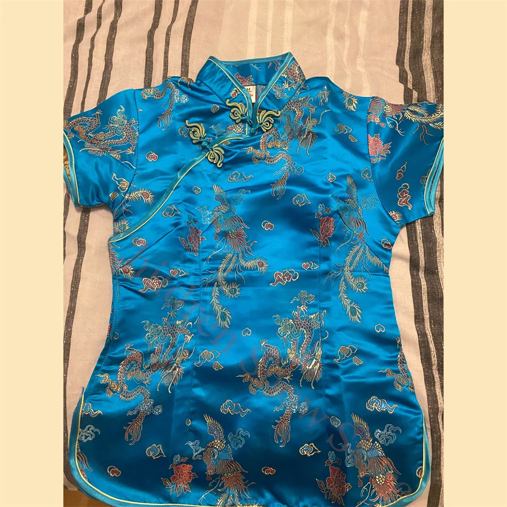 Lake Blue Tang Clothes Lady Slim Qipao Tops Vintage Mandarin Collar Shirt Chinese Style Costume Oversize Blouse Satin Clothing women satin blouse women chinese shirt