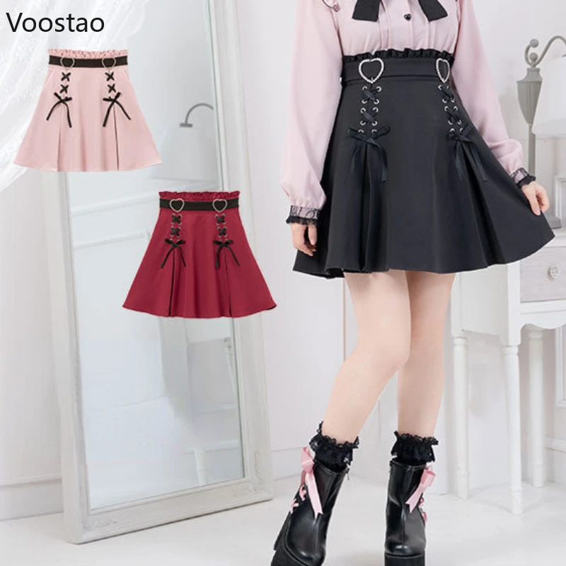 

S-4XL Japanese Lolita Style Mini Skirt Women Student Ruffles Hearts Buckle Bandage Slim Skirt Girls Casual Kawaii School Skirt