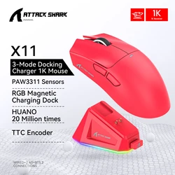 Attack Shark X11 Tri-Mode Wireless Gaming Mouse with RGB Lighting (Red)