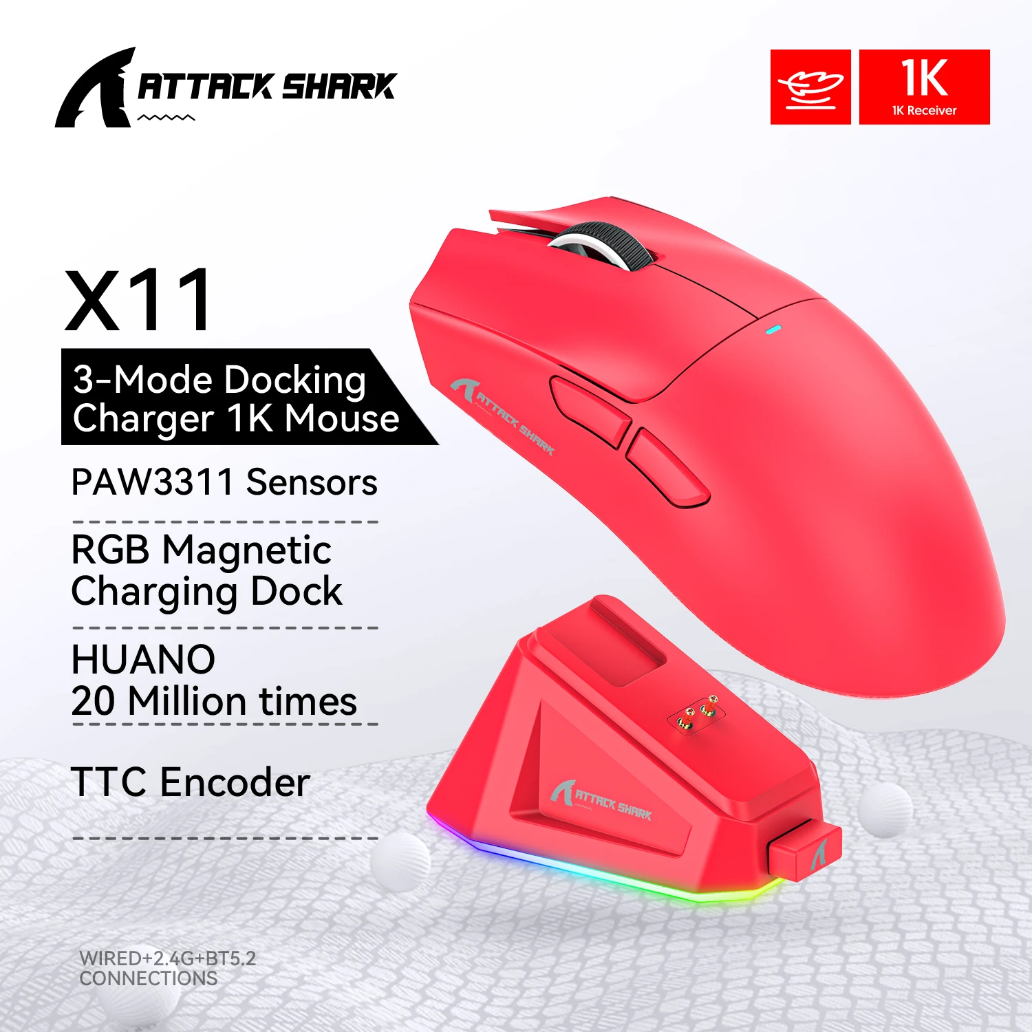 ماوس ألعاب لاسلكي Attack Shark X11، بلوتوث/2.4G/ماوس سلكي ثلاثي الوضع، PAW3311 RGB قاعدة شحن مغناطيسية