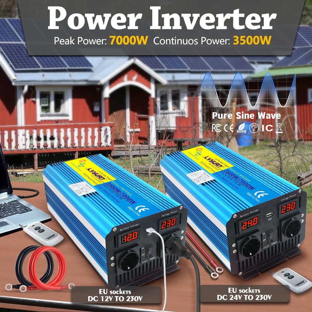 Inverter 12v/24v 220v 7000w pure sine wave solar inverter Voltage transformer converter LED display usb charging dual socket