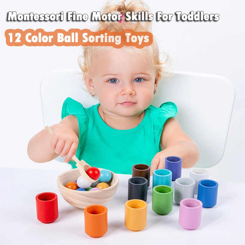 Giochi Montessori 1 Anno +: Palline E Tazze In Legno | Set Ordinamento Colori 2 In 1 Con Cucchiaio E Bacchette | Regalo Educativo Per Bambini