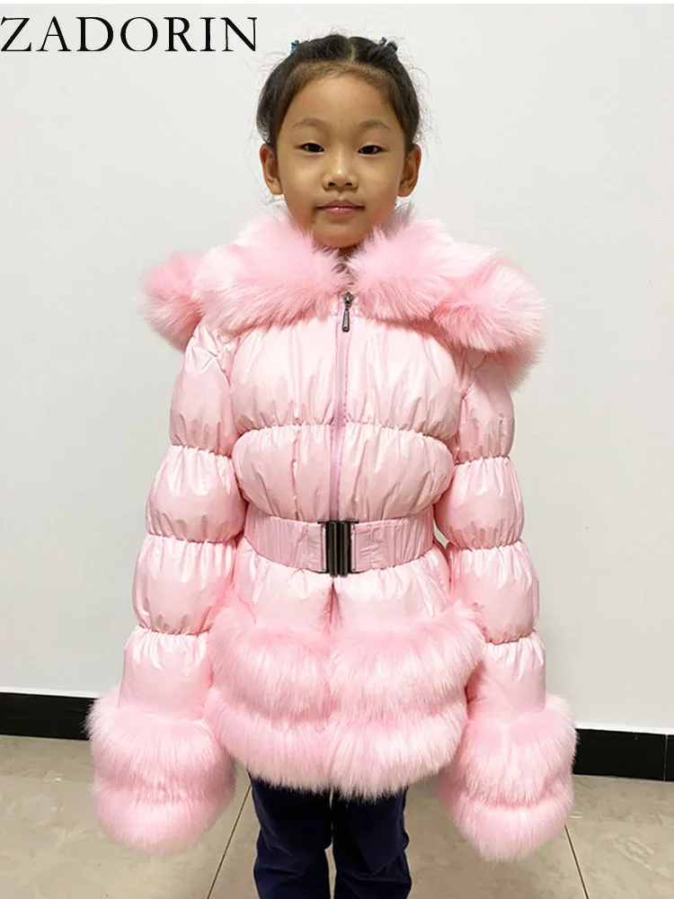 ZADORIN 2022 Winter Girls White Duck Down Jacket for Kids Furry FAUX