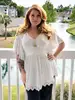 ROSEGAL Women's Plus Size Flower Lace T-Shirt Curve Flower Lace Insert Criss Cross Batwing Sleeve Handkerchief White Top