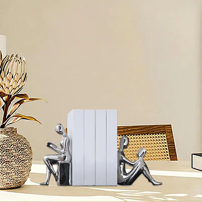 Heavy Book Ends For Shelves 2X Abstract Statue Design Book Stopper Anti-Slip Ceramic Books Storage For Bookcase Kitchen Cookbook 2
