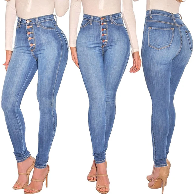 Colombian Jeans Push Up Butt Lift Mid Waist Light Blue Skinny Levanta Cola  Slim