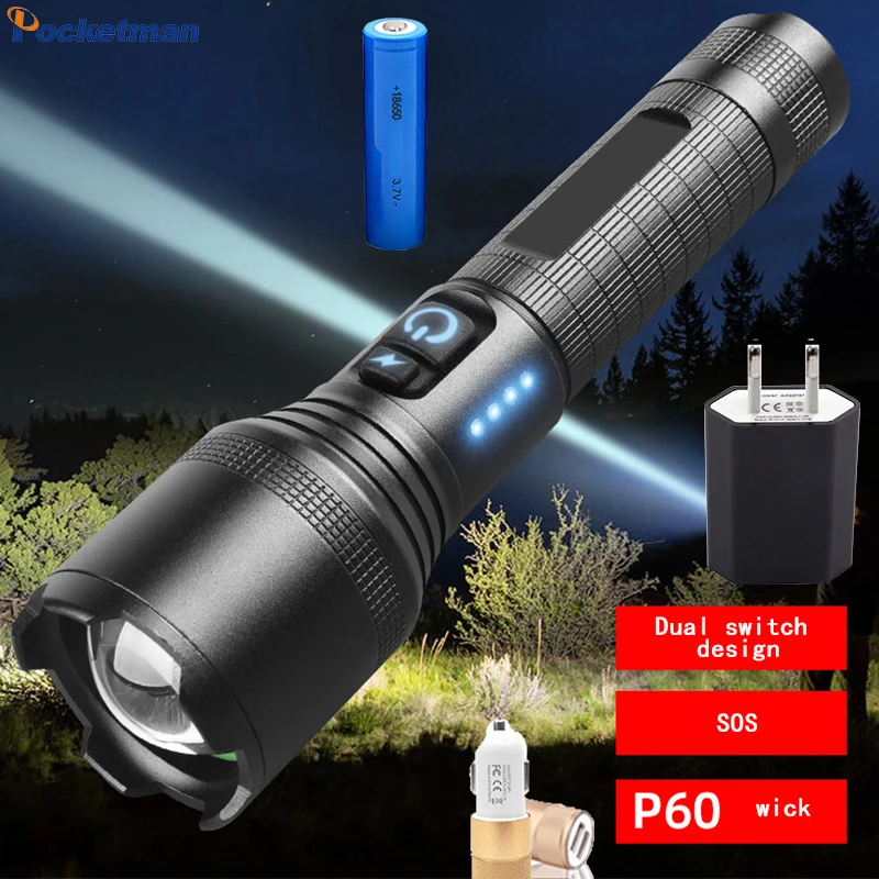 

Usb P60 Led Flashlight New Long-range Dual-switch 5 Modes Zoomable Flashlights Waterproof Torch Aluminum Use 18650 Battery