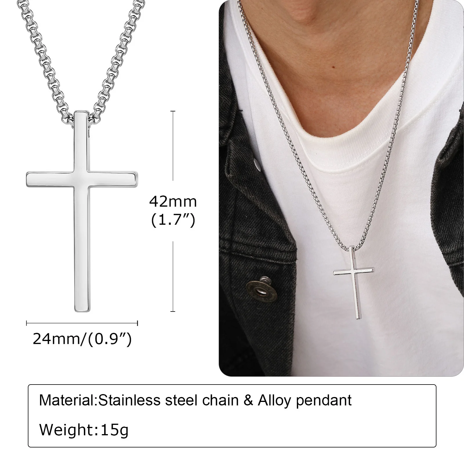 Vnox Cross Necklace For Men Women, Silver Color Plain Cross Pendant Collar With Stainless Steel Box Chain_voghion.com