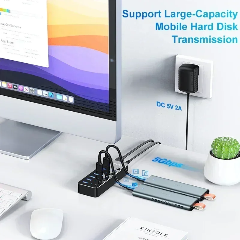 RSHTECH 7-Port USB 3.0 Hub Aluminum 5Gbps Data Transfer Splitter with Individual On/Off Switches and 5V/2A Adapter 5
