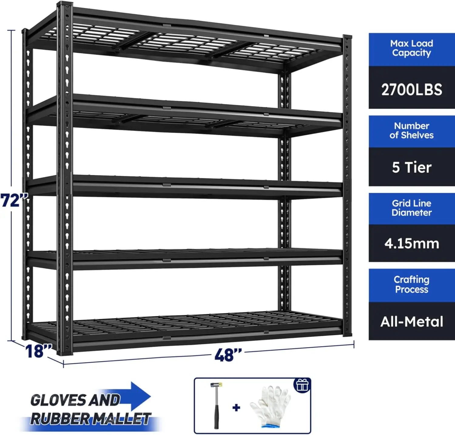 48" W Garage Shelving 2750LBS Heavy Duty Garage Storage 5 Tier Adjustable Metal Storage Shelves Industrial Shelving 2