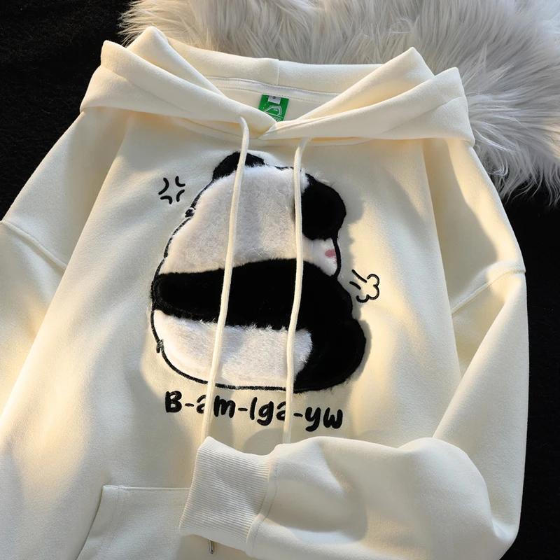 

Flocking Cartoon Panda Cute Hoodie Women Autumn New Loose Thin Women's Hooded Sweat-shirt Korean Fashion Pullover Kawaii Clothes