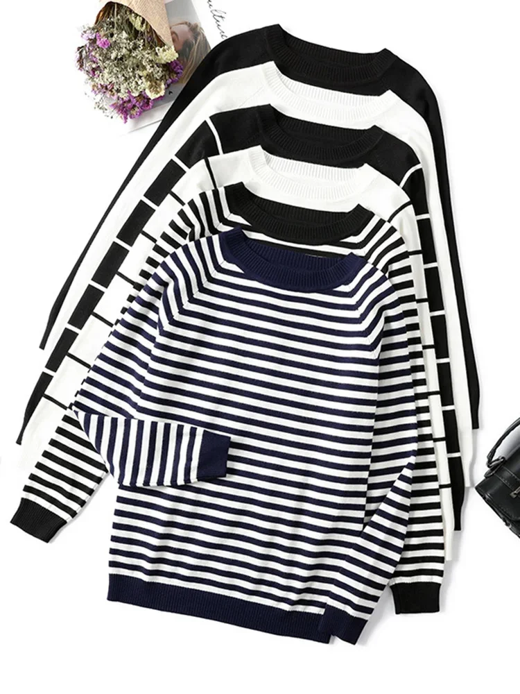 

2022 Autumn Winter Long Sleeve Striped Pullover Women Sweater Knitted Sweaters O-Neck Tops Korean Pull Femme Jumper Female White