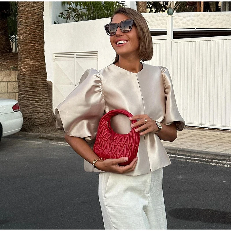 Blusas elegantes con mangas abullonadas y cuello redondo para mujer, estilo vintage, holgadas y lisas, con una sola botonadura, para verano