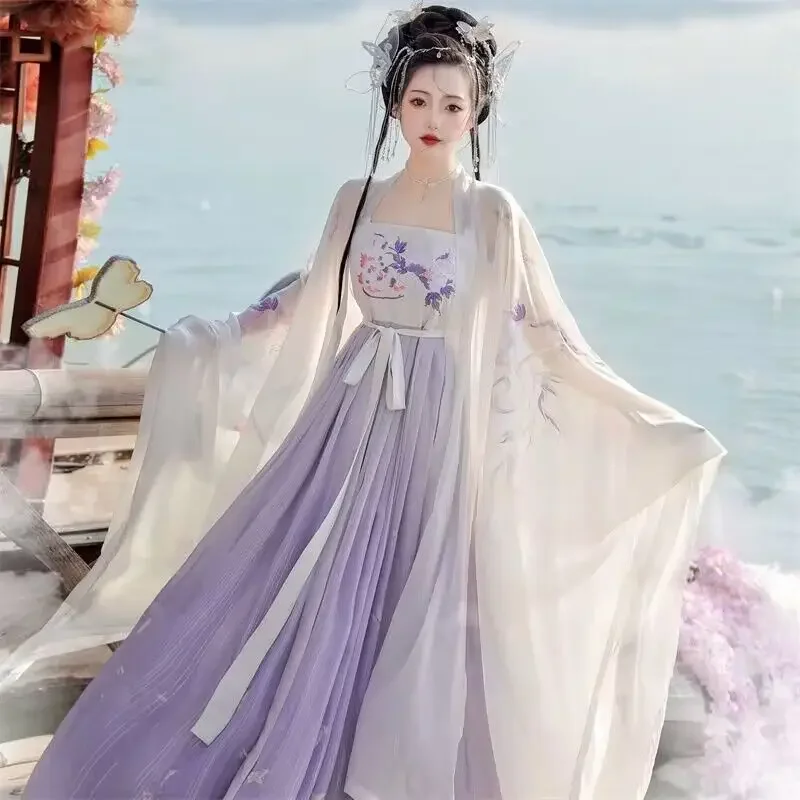 

Женское традиционное китайское платье Hanfu, костюм для косплея с древней вышивкой и градиентом, фиолетовое летнее платье Hanfu 2023, платье принцессы