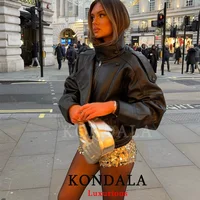 KONDALA Black Leather Oversized Button Jacket