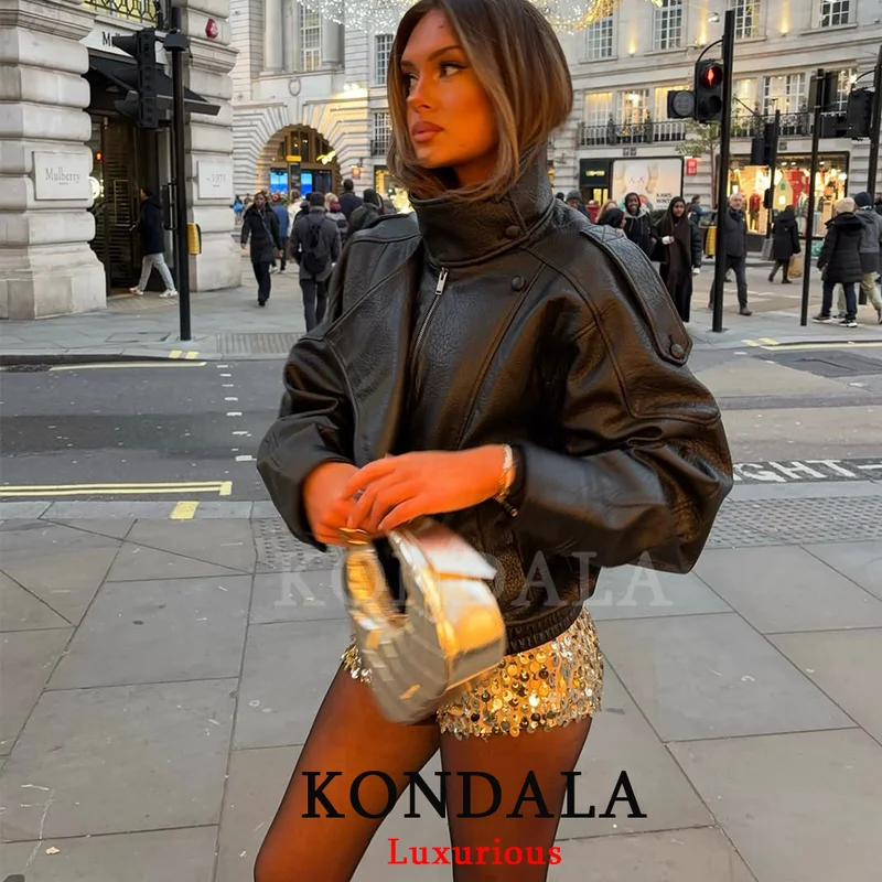 KONDALA Casual Chic Black Leather Jackets Women Long