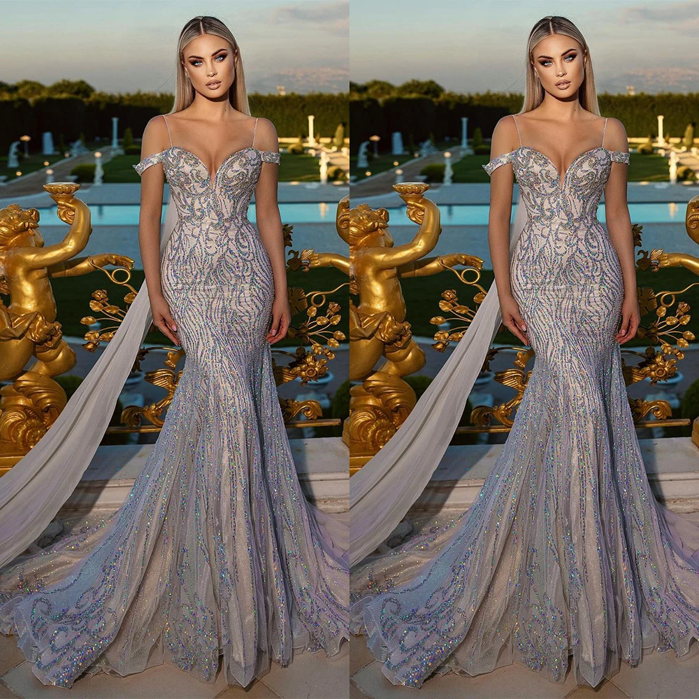 

Sexy Spaghetti Strap Mermaid Evening Dress 2022 Off The Shoulder Crystal Applique Beads Bridal Gowns Sweep Train Robes De Mariée