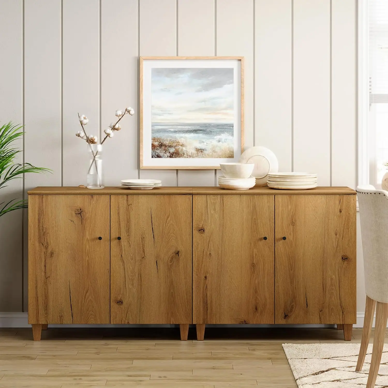 Sideboards Buffet Cabinets 70.8" Wide Wooden Credenza Storage Cabinets with 4 Doors Set of 2 Modern Kitchen Accent Cabinets