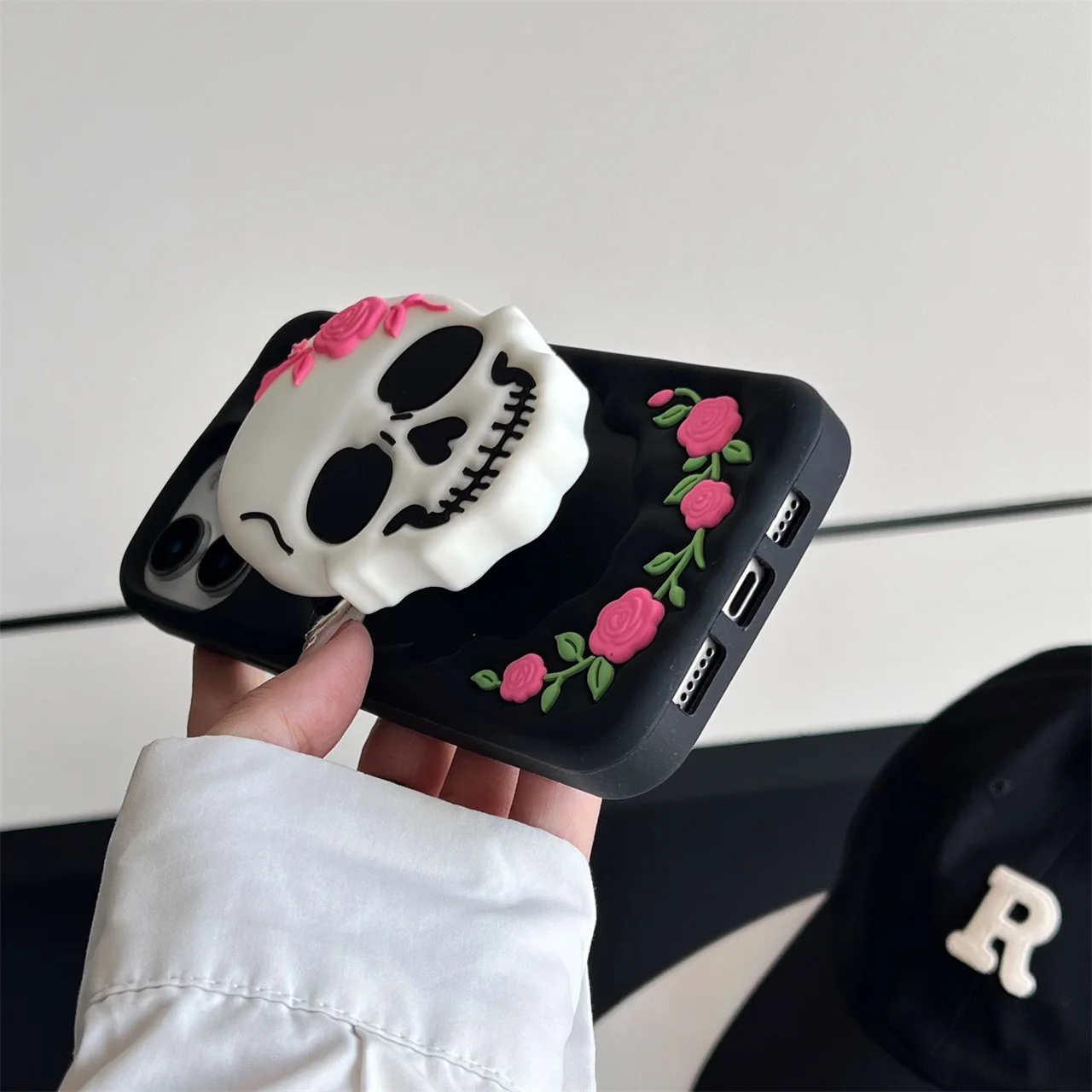 Rose Flowers 3D Skeleton Ghost Kickstand Case with Folding Bracket - Soft Cover