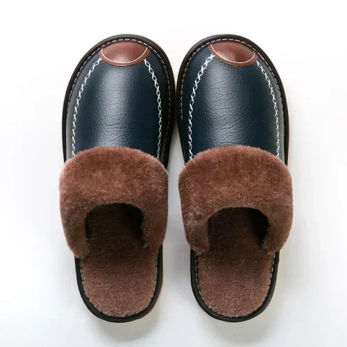 Men Winter Leather Slippers Bedroom Cotton Slippers Male Waterproof Thick Plus Velvet Indoor Warm House Home Slippers Shoes_voghion.com