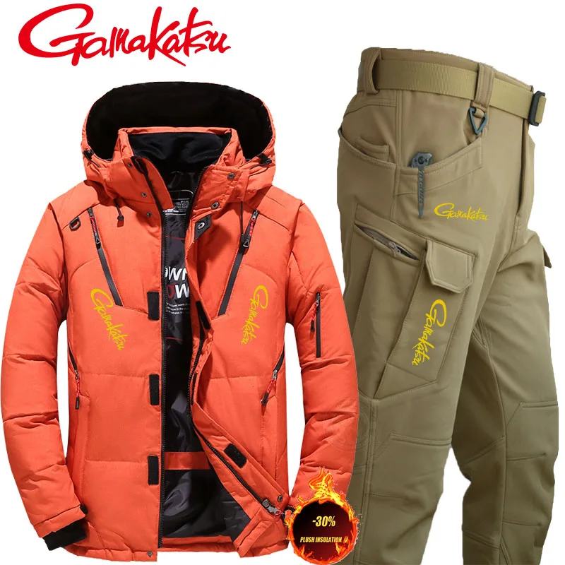 Gamakatsu Fishing Suits Outdoor Windproof Thicken Velvet Winter Men  Coldproof Camping Fishing Jacket Fleece Warm Climbing Pants