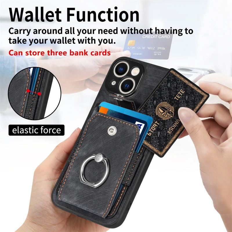 Versatile 360° Rotation Ring Kickstand Leather Wallet Card Holder with Magnetic Car Mount Compatibility