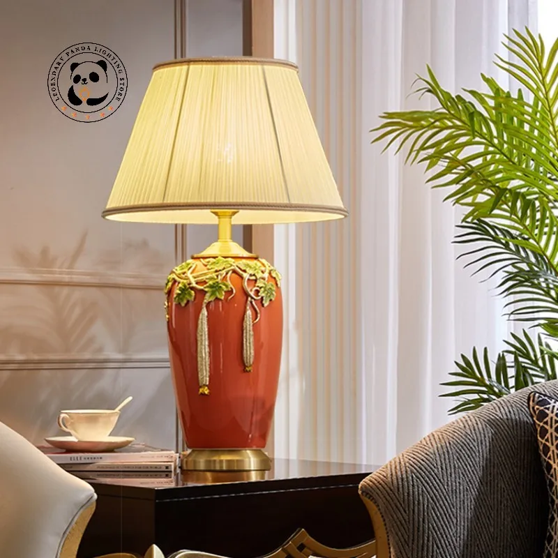 

Retro Colorful Glazed Ceramic Table Lamp E27 Home Decor Copper Base LED Cloth Lampshade Light Luxury Bedroom Bedside Desk Lights