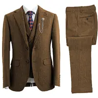 Men 3 Piece Suit Tweed Herringbone Double-Breasted Wedding Tuxedos Size  Men Clothing 1
