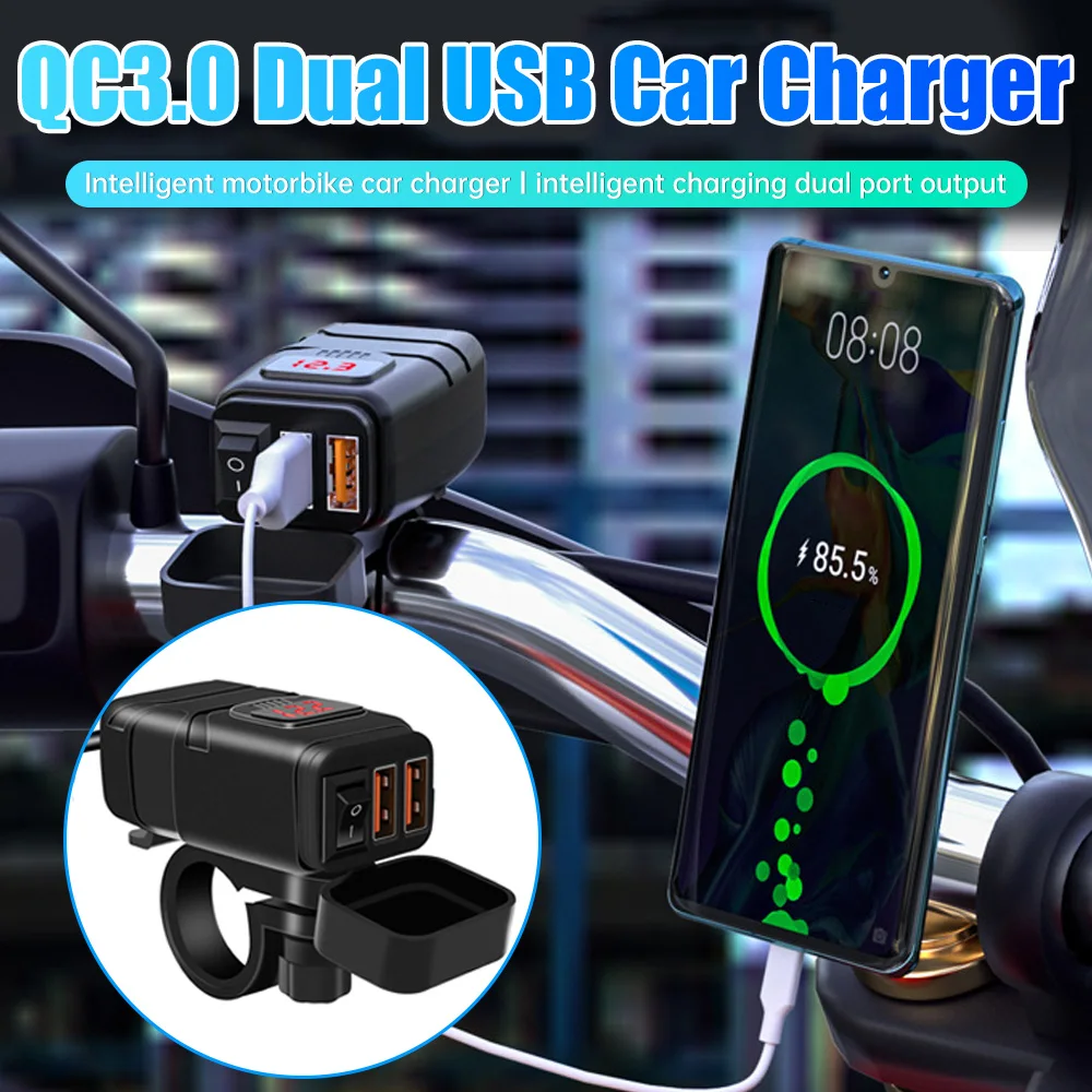 오토바이 듀얼 USB 전압계 고속 충전기, 스위치 포함, 12V 모토 휴대폰 충전기, 플러그 포트, 방수 전원 소켓, QC3.0