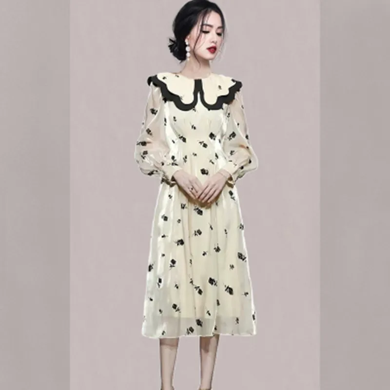 

2023 Autumn New Korean Fashion Double-Layer Doll Collar Slim Rose Printing Dress Women Stylish Elegant Swing A-Line Dresses