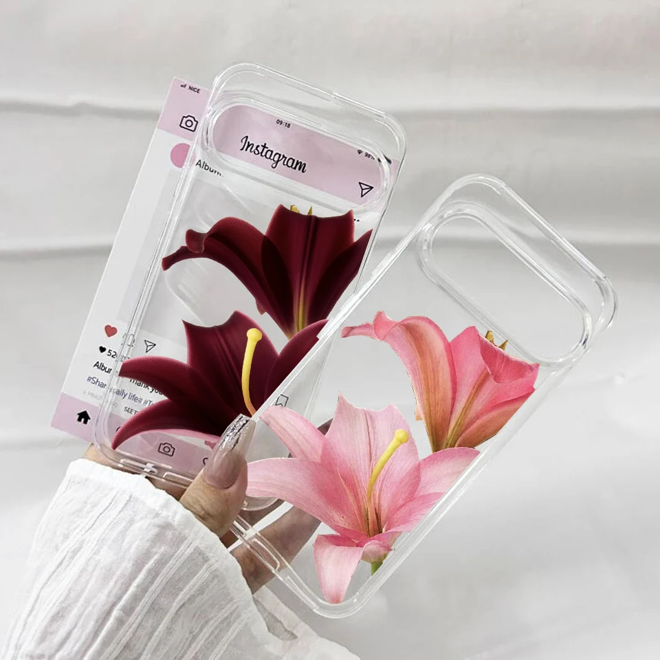 Pink Lily Flower Pattern Clear Soft TPU Phone Case - Cute Floral Design Cover