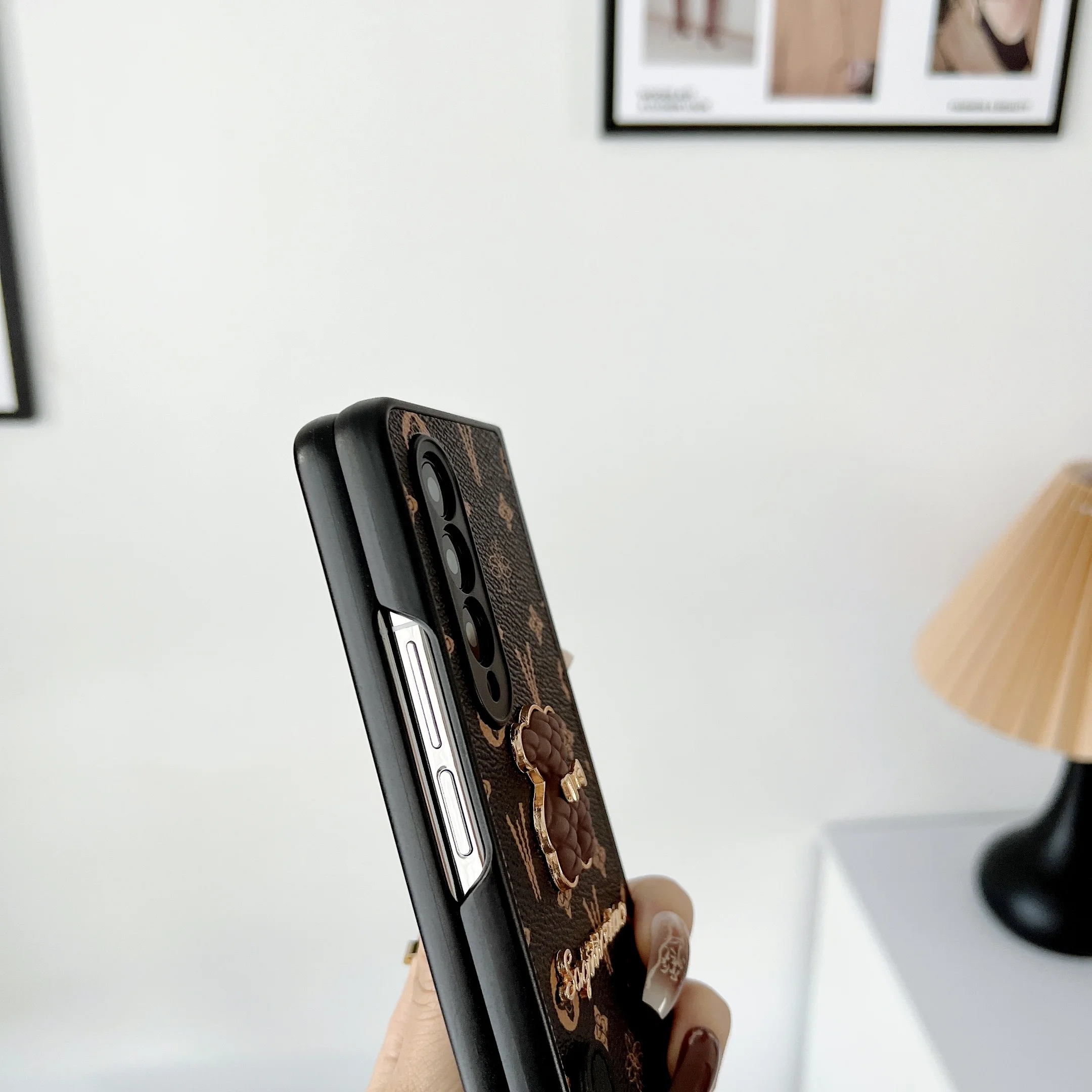 Luxury Gold Leather Phone Case with Bear Stand Holder