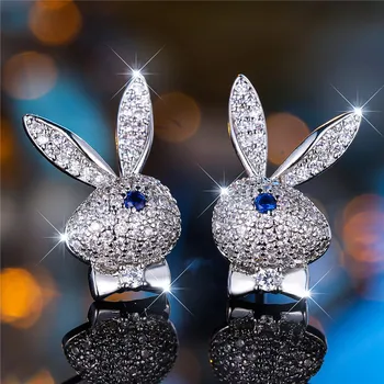 Female Crystal Blue Rabbit Animal Stud Earrings Vintage Silver Color Wedding Fashion Jewelry For Women