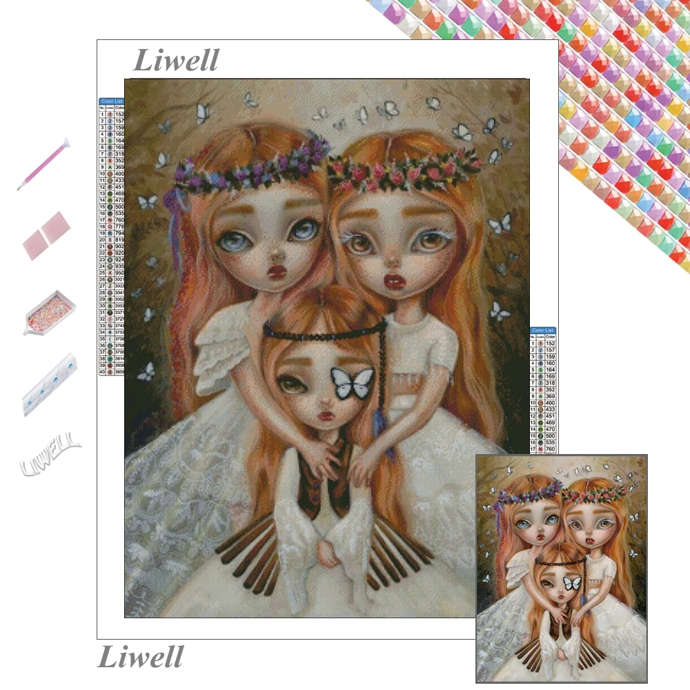 

Набор для алмазной живописи «три сестры», набор для рисования в стиле поп-сурреал, готика, большие глаза, Бабочка, девушка, мультяшная мозаика, вышивка крестиком, домашний декор