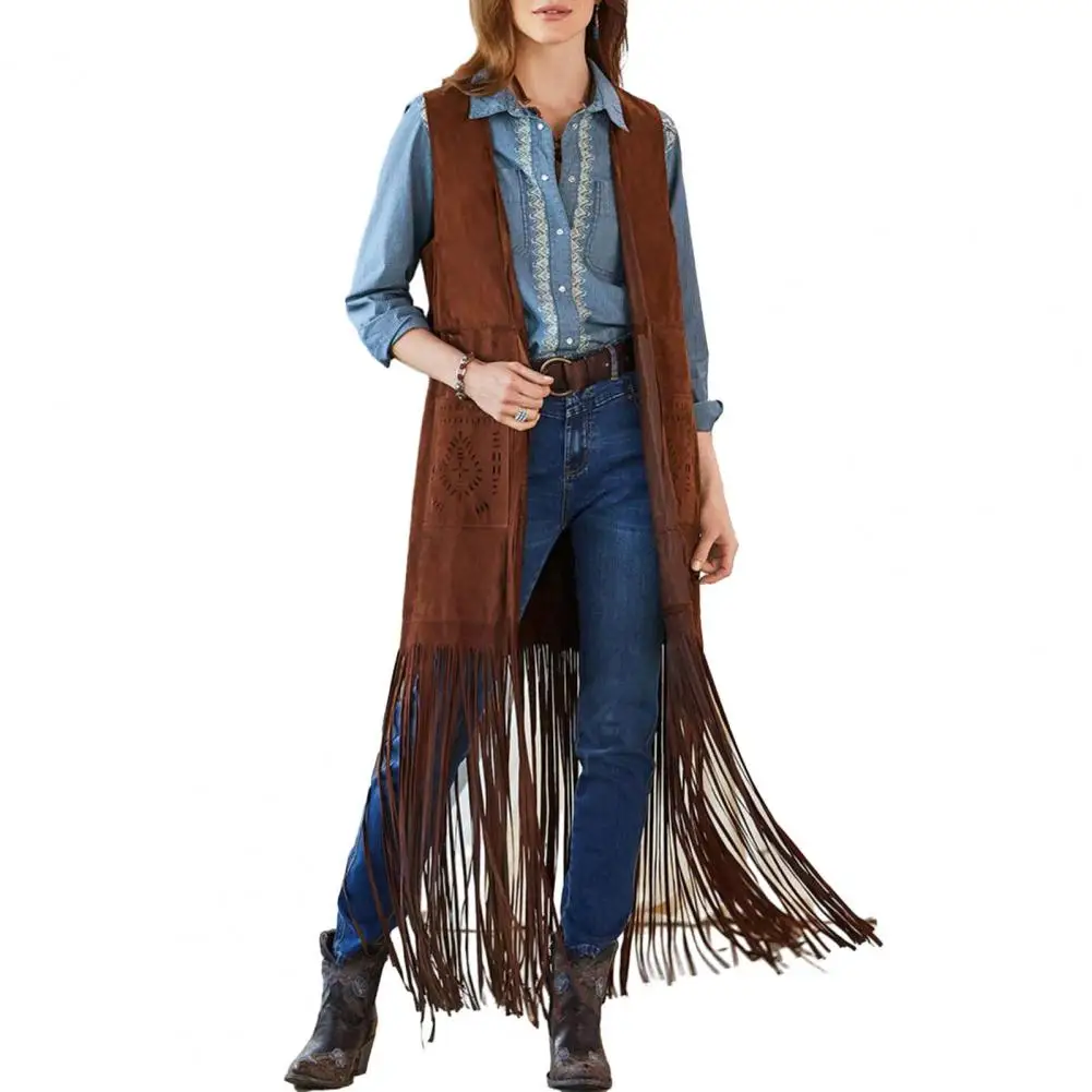 

Women Long Fringed Waistcoat Boho Chic Fringe Vest 70s Hippie Cardigan with Patch Pockets Tassel Details Western Fringed Vest