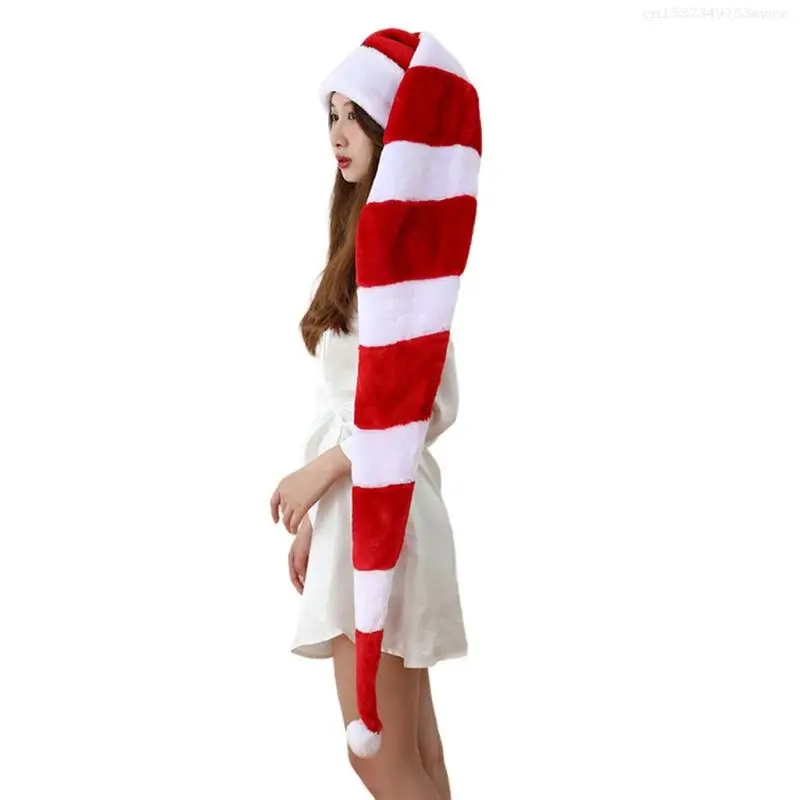 51in Plush Novelty Long-tail Santa Hat Striped Christmas Hat for Boy Girl Party F0T6