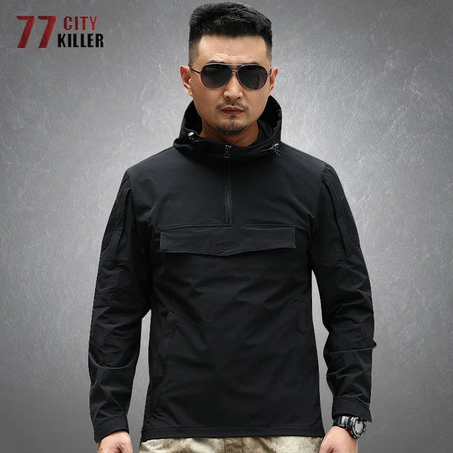 New Tactical Lightweight Hoodies Sweatshirt Mens Outdoor Waterproof Multi  Pockets Military Casual Half Zipper Hooded Coats