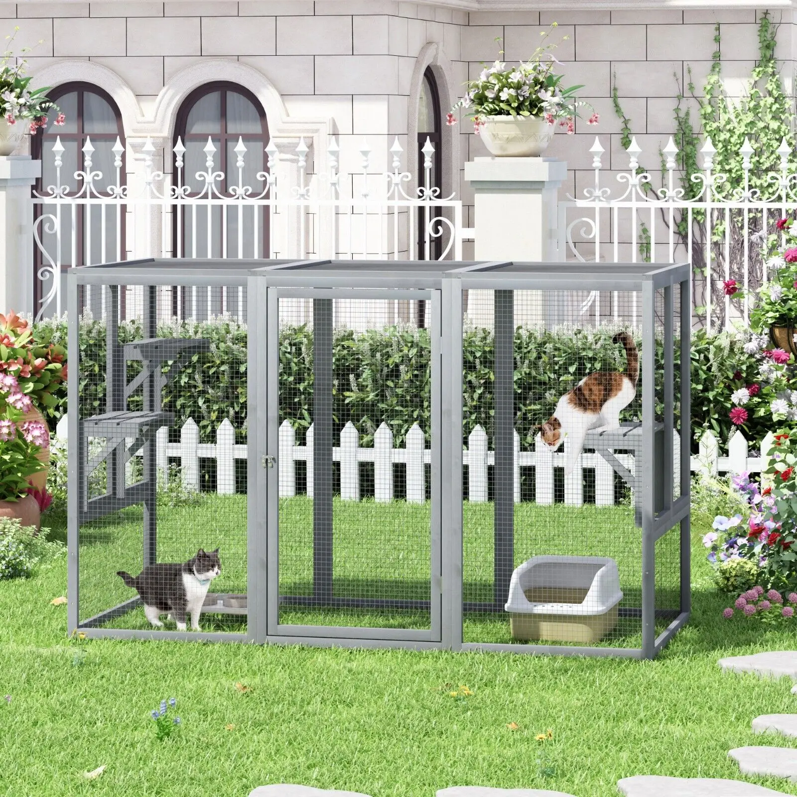 43.5"H Large Wooden Cat Enclosure,Wooden Cat House Weatherproof, Window Catios with 3Platforms,Secure Patio & for Cats