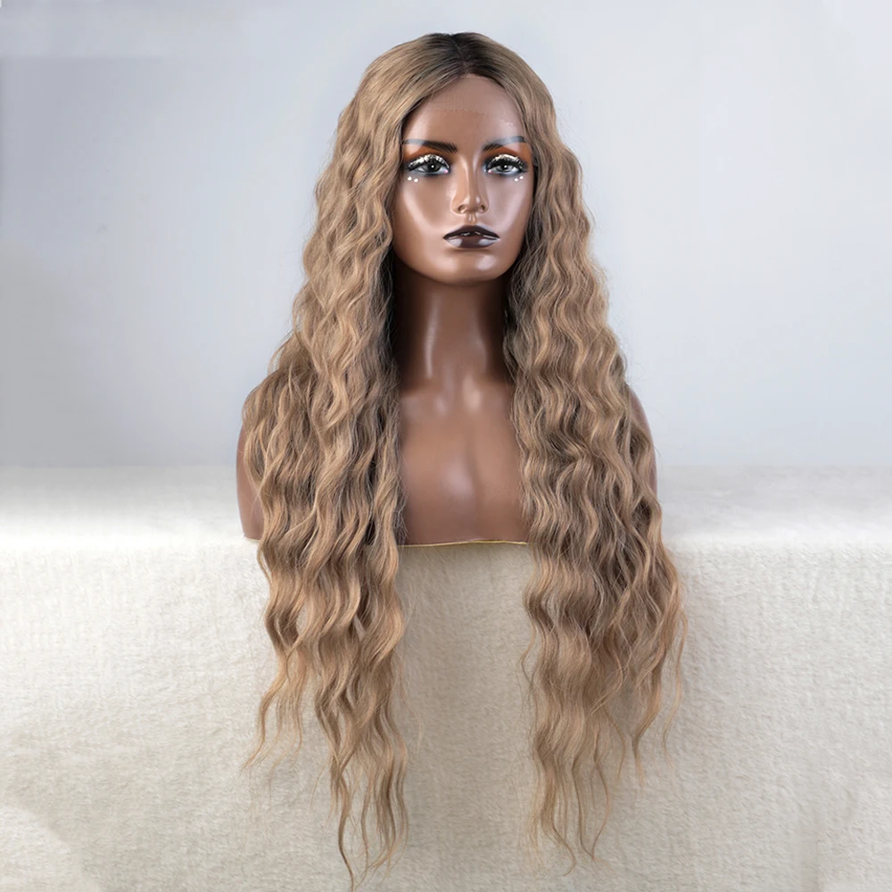 Synthetic Lace Front Wig Long Deep Wavy 30" Hair Lace for Women Front Ombre Blonde Cosplay Baby Hair Wig
