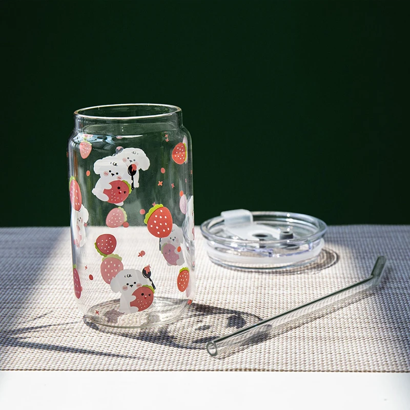 Strawberry puppy Sippy Cup Cartoon Straw Cup With Lid Office Milk Fruit Juice Water Bottle Coffee Mug Outdoor Portable Cups
