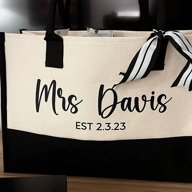 Mrs. Last Name Est Year Tote Bag Personalized Date Wedding Tote Bridal  Shower Gift Honeymoon Gift Customized Wedding Gift Bridesmaid Gift