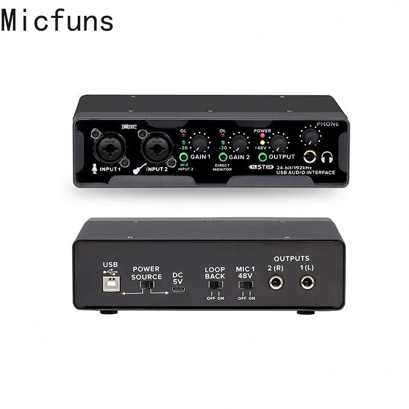 Micfuns DM202 2 Channel 24bits 192kHz USB XLR Audio Interface Mixer DJ