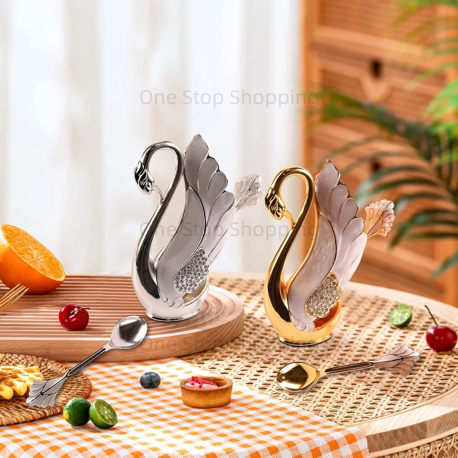 6+1 Set Kaffee Dessert Abendessen Löffel Set Schwan Basis Halter mit Gabeln Löffel für Kuchen Salat Cocktail Dessert für Geburtstag Geschenk – Detail 5